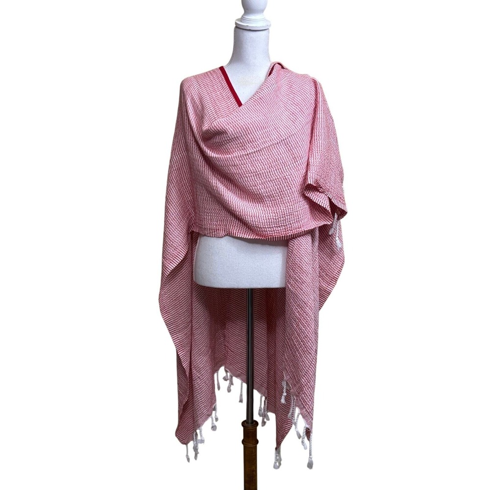 Mer-Sea Red White Striped Cotton Tassel Wrap Sarong Vacation Made in Turkey